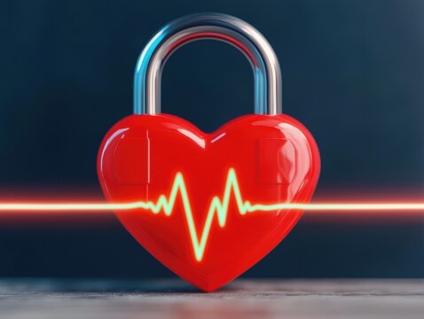 AI Healthcare Cybersecurity concept. Heart-shaped padlock with heartbeat line against a dark background.