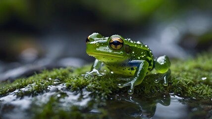 Serene Glass Frog Resting on Moss-Covered Rock by Stream, Displaying Its Transparent Skin