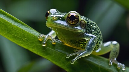 Obraz premium Close-Up of Glass Frog on Leaf with Translucent Belly in Rainforest