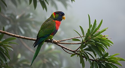 Obraz premium Vibrant Lorikeet Perched on Branch in Misty Rainforest Habitat