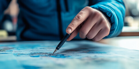 Person Planning Travel Destination Pointing Pen on Blue and White Detailed Map Wearing Blue Puffer Jacket