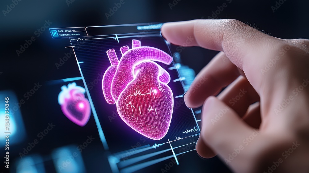 Poster ai healthcare cybersecurity concept. digital visualization of a heart being analyzed with a hand int