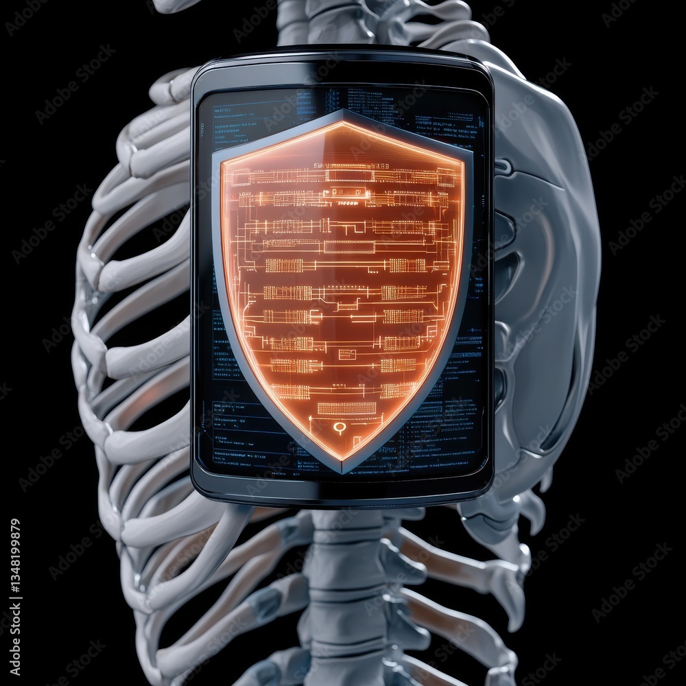 Aufkleber ai healthcare cybersecurity concept. skeletal structure with digital shield overlaying circuitry des