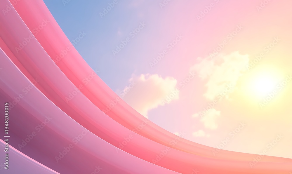 Poster soft pastel sky with flowing pink curves and wispy clouds, evoking tranquility and warmth.