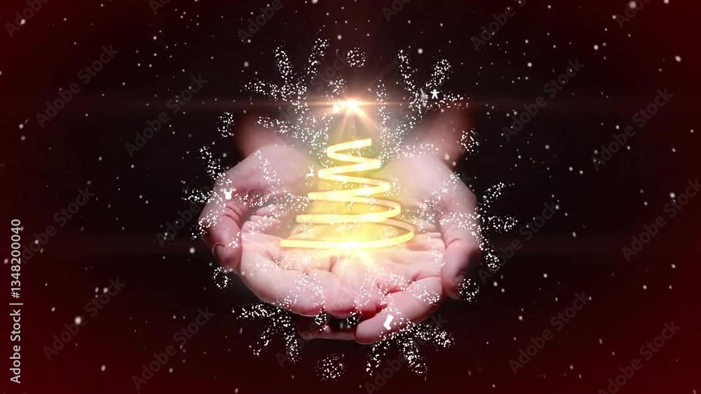 Poster holding glowing spiral tree, hands with snowflakes creating magical animation effect