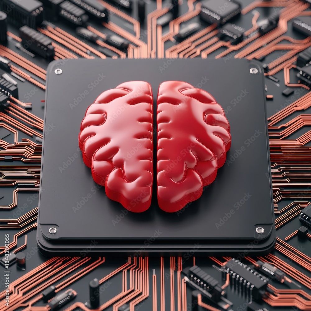 Aufkleber ai healthcare cybersecurity concept. red brain model on a circuit board background symbolizing techn