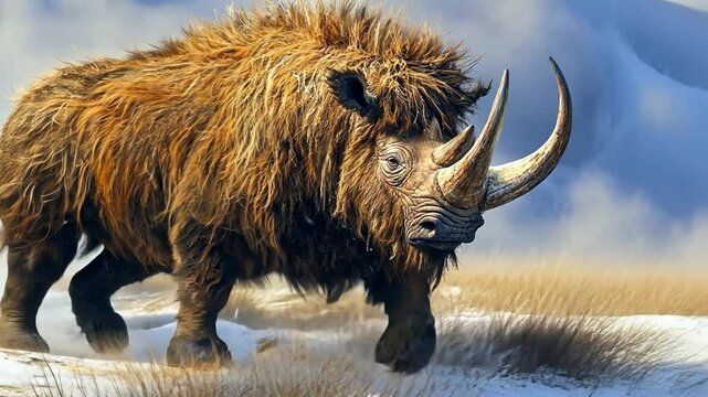 Ancient Beast: An evocative image of a prehistoric Woolly Rhino in a digitally painted, dynamic pose, showcases the power and grandeur of a creature from a bygone era, standing in a snowy field.