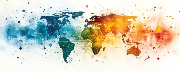 Obraz premium A dynamic and colorful watercolor illustration of Earth with marked locations, symbolizing the expansive reach of technology and global networks
