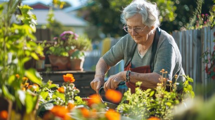 Obraz premium A retiree gardening in their backyard, enjoying the therapeutic benefits of nature.