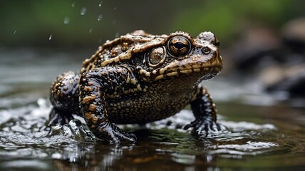 Obraz premium Agile American Toad Leaping Over Stream, Creating a Splash of Water