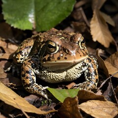 Obraz premium Macro Shot of American Toad on Forest Floor with Dappled Sunlight
