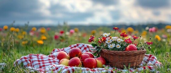 A peaceful picnic scene featuring baskets of fresh apples, a checkered blanket, and vibrant blooming flowers beneath a soft, cloudy sky