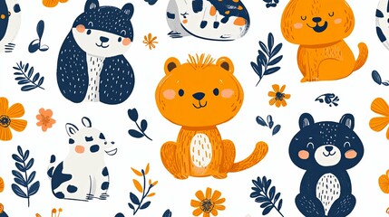 Cute animal illustrations creating a beautiful pattern on a white background