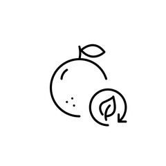 Orange and leaf in recycling arrow. Eco-friendly farming, ethical food and organic fruits and vegetables. Pixel perfect, editable stroke vector icon