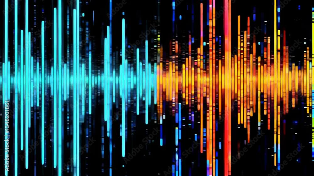 Poster abstract video concept with vertical neon lines in blue and orange. side angle view, creating a dyna