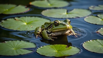 Obraz premium American Water Frog Leaping Across Lily Pads in Serene Pond