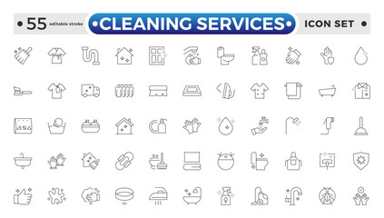 Cleaning Services icon set with broom, mop, vacuum cleaner, dustpan, duster, cleaning cloth, sponge, brush, cleaning spray, and bucket icon. Laundry, Window sponge. Editable stroke outline icon. 