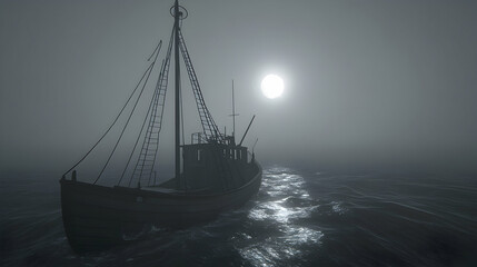 Obraz premium Solitary fishing vessel navigating foggy sea under a pale sun; atmospheric, moody image.
