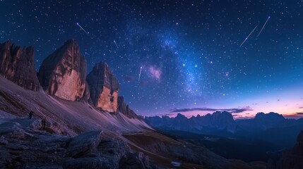 Mountain peaks under a vibrant night sky with milky way, hikers in distance