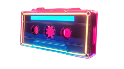 Neon pink and blue glowing transparent audio cassette on transparent background