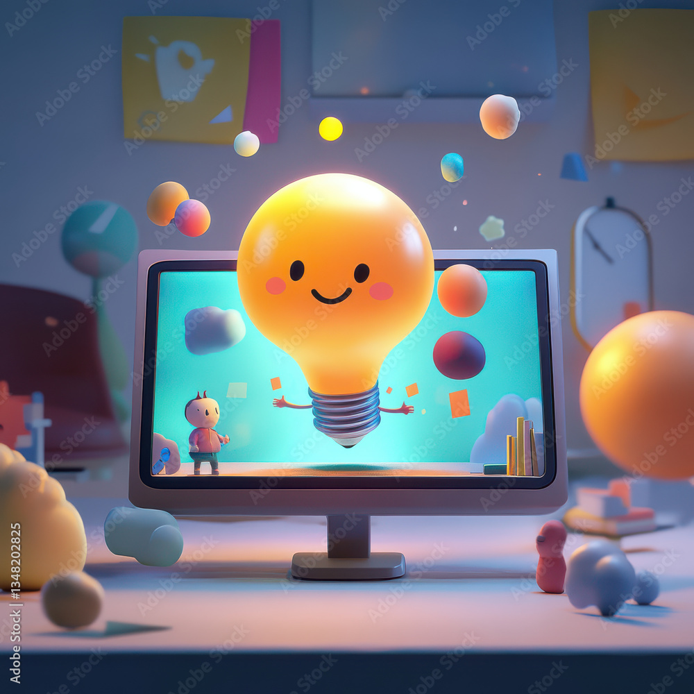 Poster cheerful light bulb character floats above computer screen, surrounded by colorful shapes and playfu