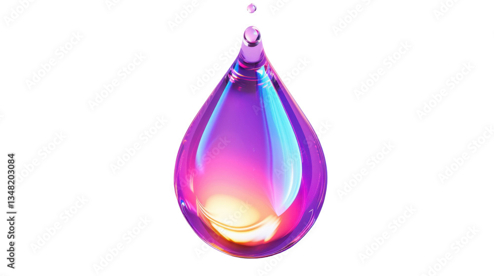 Poster iridescent holographic drop falling with transparent background
