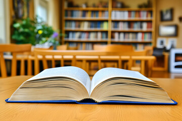 Fototapeta premium Open book on wooden table in a blurred library background. Perfect for education, knowledge, and learning concepts.