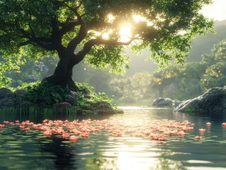 Tranquil water scene with floating flowers under a lush tree, bathed in sunlight