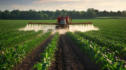 Red Tractor Spraying Cultivated Green Corn Field Rows at Sunset with Vapor Water Under Sunlight Agriculture Land and Cultivation