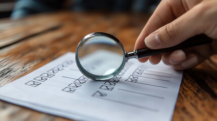 Detailed hand with a magnifying glass inspecting a checklist with checked items, symbolizing thoroughness, attention to detail, and careful evaluation