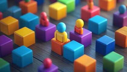 Obraz premium Dynamic isometric 3D design of a modern HR concept featuring vibrant blocks with employee icons scattered on a wooden desk