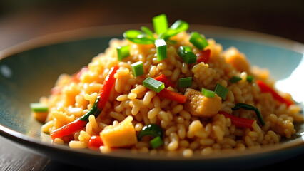 Quick vegan fried rice with tofu, vegetables, and soy sauce. Green onions create a fresh and satisfying meal.