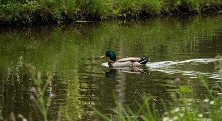 Mallard Duck Swimming in Calm Pond with Greenery Reflections
