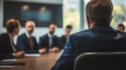 Businessman seated in meeting, colleagues blurred in background.