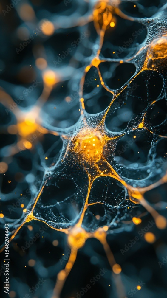 Poster neural network glowing nodes connect in intricate, abstract pattern