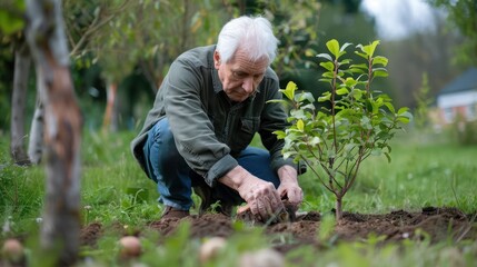 Fototapeta premium A retiree planting a tree in their garden to mark the beginning of retirement.