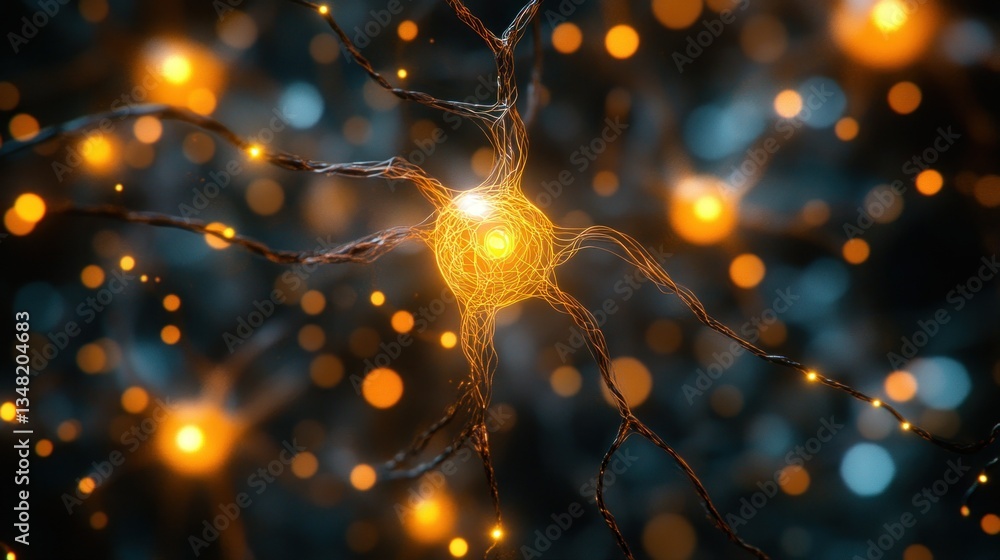 Poster neural network with glowing nodes and branching dendrites on dark background