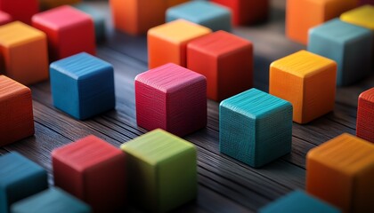 Obraz premium Highquality isometric 3D illustration of colorful blocks with human avatars placed on a wooden surface