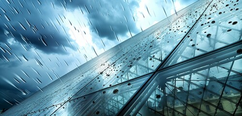 Obraz premium Blue Glass Building in the Rain.Modern Architecture with Raindrops on Glass.Contemporary Blue Glass Architecture in Rain