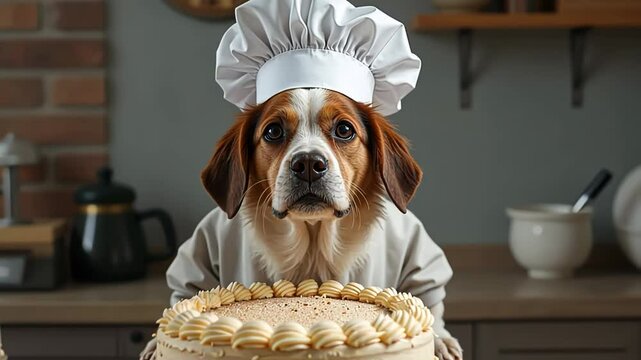  Beagle dog in chef outfit presenting cake