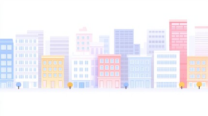 A colorful, minimalist cityscape featuring various stylized buildings and trees, creating a vibrant urban atmosphere.