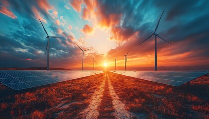 Sustainable renewable energy concept with solar panels and wind turbines under a dramatic cloudy sky, 3D rendered scene