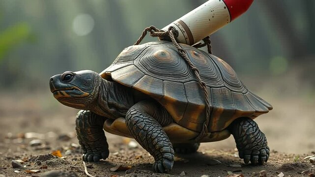  Turtle carrying rocket in natural setting
