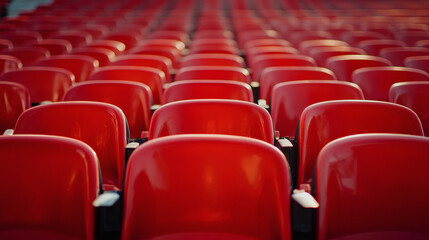 Fototapeta premium Rows of Empty Red Stadium Seats in Orderly Arrangement for Upcoming Event or Performance with Warm Lighting