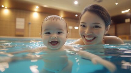 プールで笑顔の赤ちゃんと優しく見守る母親