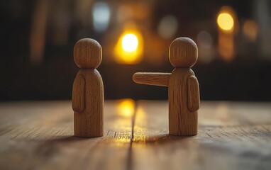 Wooden businesspeople figures with a hand pointing at them, representing leadership, strategic decisions, and corporate dynamics, ultrarealistic, 4K