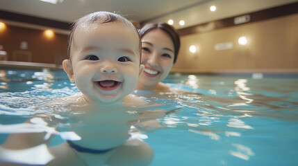 プールで笑顔の赤ちゃんと優しく見守る母親