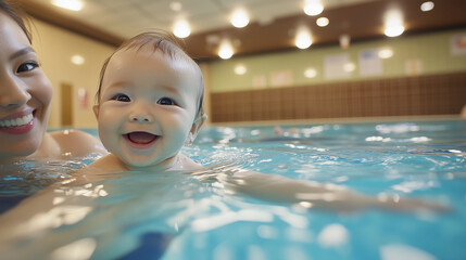 プールで笑顔の赤ちゃんと優しく見守る母親