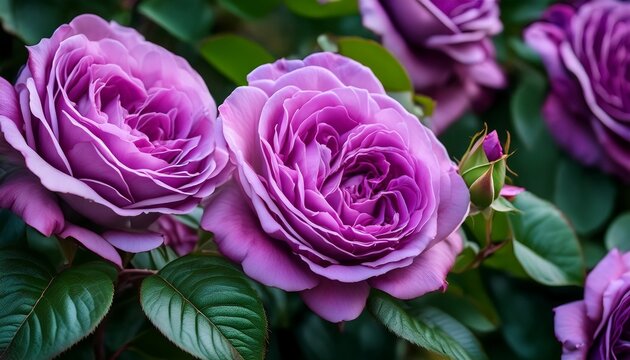 a close up of the vibrant purple flowers and lush green leaves on a backyard rose bush