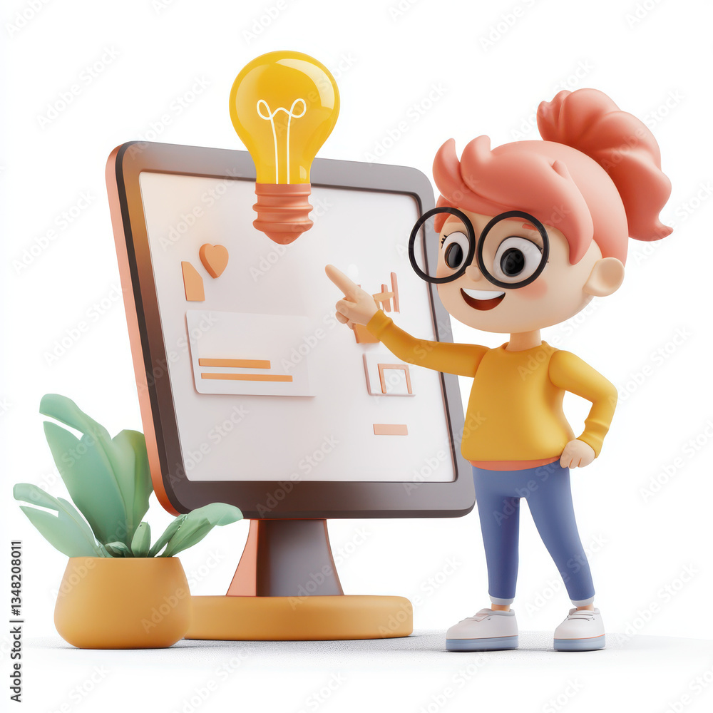 Poster cheerful character pointing at touchscreen monitor with light bulb above, symbolizing ideas and crea